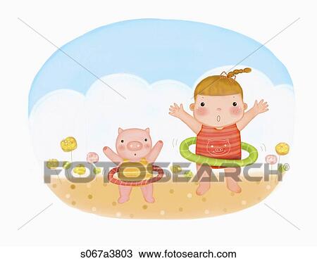 Drawing - The girl and pig doing hula hoops . Fotosearch