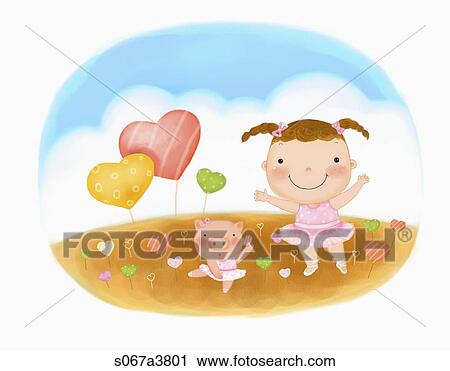 Clip Art - The girl and pig wearing ballet skirt on the ground. Fotosearch