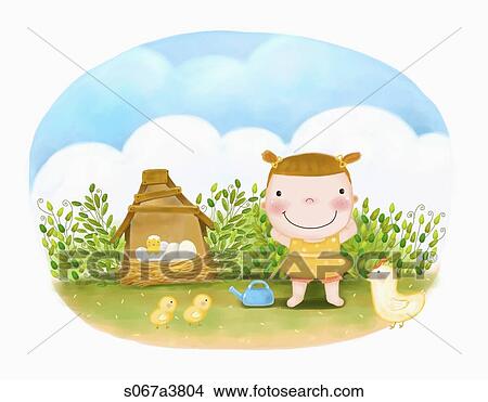 Stock Illustration - The girl, hen, and yellow chick with the grass. Fotosearch