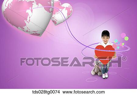 The girl holding red heart and hear shaped globe with pink background View Large Illustration Stock Illustration - The girl holding red heart and hear shaped globe with pink background. Fotosearch