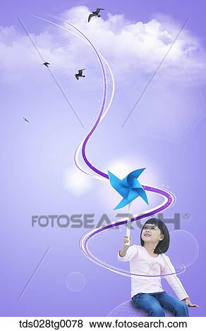 Stock Illustration - The girl holding the blue pinwheel with flying birds and sky background. Fotosearch