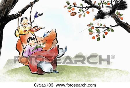 Drawing - The girls wearing Korean traditional clothes on the swing and Korean magpie on tree. Fotosearch