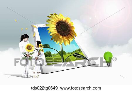 Stock Illustration - The girls with the sunflowers and green bulb. Fotosearch