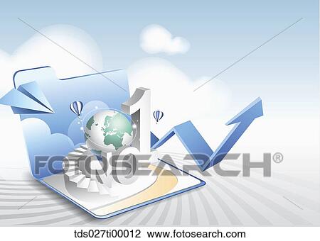 Drawing - The globe, stair, number 1 block coming out from blue file with the blue paper plane and arrow around. Fotosearch