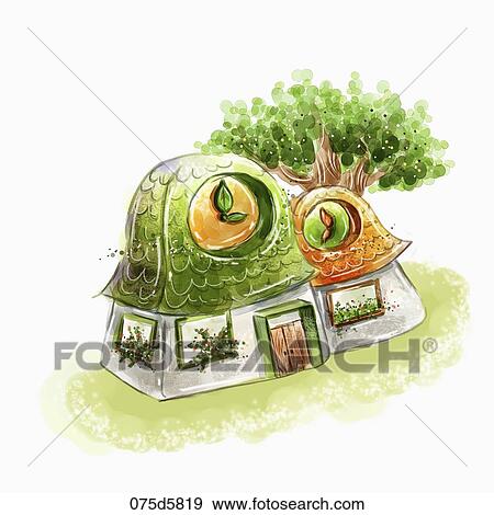 The green and orange roof house with the clock View Large Illustration Stock Illustration - The green and orange roof house with the clock. Fotosearch