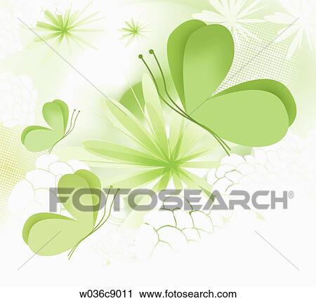 The green butterflies and green flowers View Large Illustration Clip Art - The green butterflies and green flowers . Fotosearch