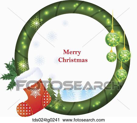 Clip Art - The green Christmas wreath and red sock. Fotosearch