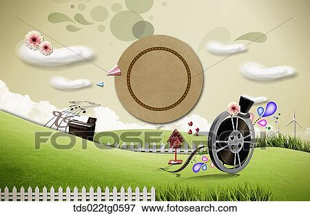 Stock Illustration - The green field with brown circle, film, and piano. Fotosearch