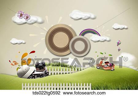 Drawing - The green field with brown circles, hat and suitcases, and motorcycle. Fotosearch
