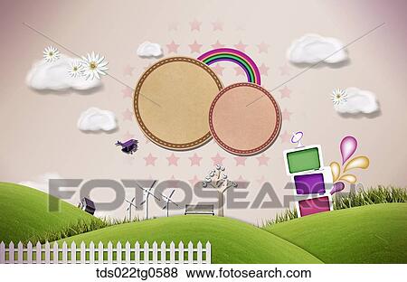 The green field with brown circles, colorful blocks, and bench View Large Illustration Stock Illustration - The green field with brown circles, colorful blocks, and bench . Fotosearch