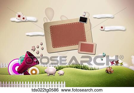 The green field with brown frames, red loudspeaker, and pigs View Large Illustration Stock Illustration - The green field with brown frames, red loudspeaker, and pigs. Fotosearch