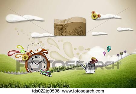 Stock Illustration - The green field with brown paper, red clock, and watering can . Fotosearch