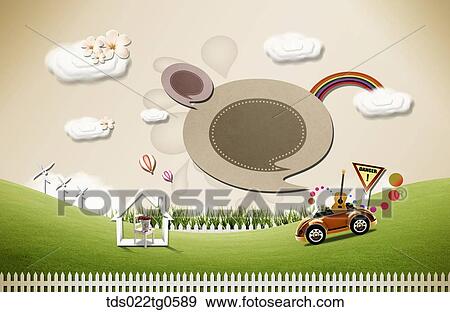 Stock Illustration - The green field with brown speech bubble, car, and white house. Fotosearch
