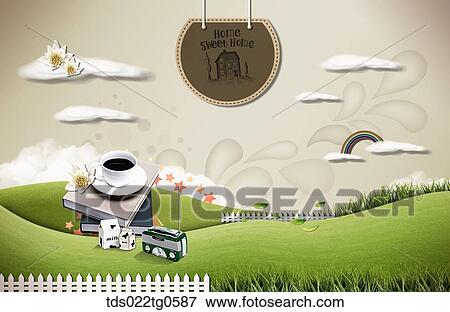 Stock Illustration - The green field with brown tag, coffee, milk, and radio. Fotosearch