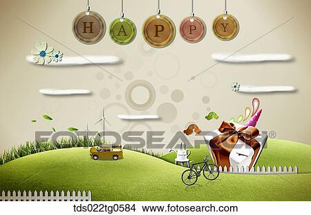 The green field with clouds, gift, bike, and car View Large Illustration Stock Illustration - The green field with clouds, gift, bike, and car. Fotosearch