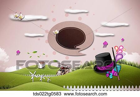 The green field with clouds, magician hat, and house View Large Illustration Drawing - The green field with clouds, magician hat, and house. Fotosearch