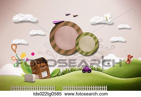 The green field with clouds, postbox, car, and rain boots View Large Illustration Stock Illustration - The green field with clouds, postbox, car, and rain boots. Fotosearch