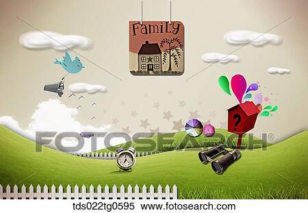 Stock Illustration - The green field with family tag, red postbox, binoculars, and blue bird. Fotosearch
