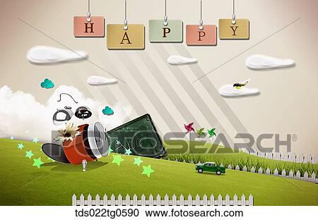 Clipart - The green field with happy tag, clock, blackboard, and car. Fotosearch