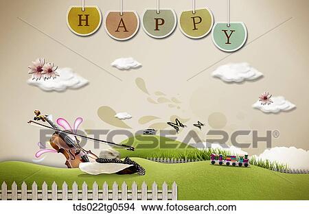Stock Illustration - The green field with happy tag, violin, hat, and train toy. Fotosearch