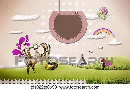 Stock Illustration - The green field with pink and brown tag, crown, car, and rainbow. Fotosearch