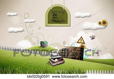 Clip Art - The green field with welcome tag, suitcases, and books. Fotosearch