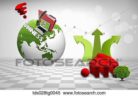 The green globe with business blocks, and green arrows, and red internet connection mark View Large Illustration Stock Illustration - The green globe with business blocks, and green arrows, and red internet connection mark . Fotosearch