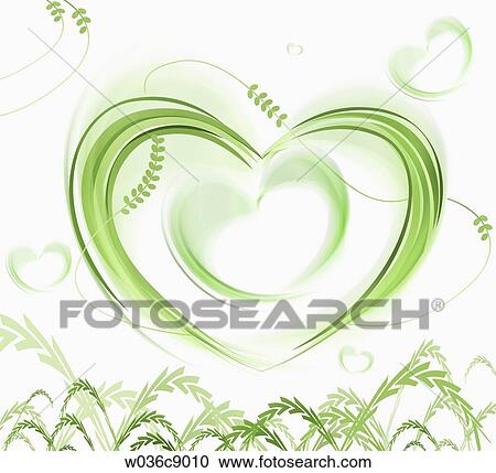 The green heart and green leaves with the white background View Large Illustration Clipart - The green heart and green leaves with the white background. Fotosearch