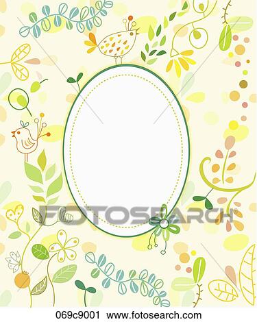 Clip Art - The green lined oval with the bird, flower, and leaf around. Fotosearch