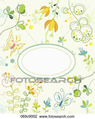 Drawing - The green lined oval with the butterfly, flower, and leaf around. Fotosearch