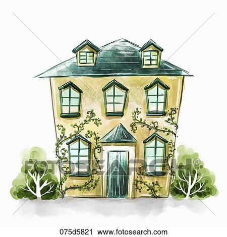 Clip Art - The green roof and window house with green trees around. Fotosearch