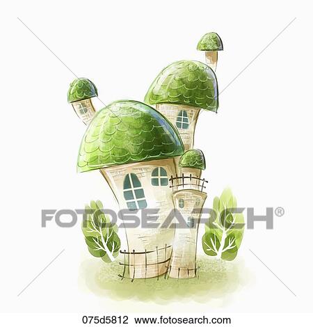 Drawing - The green roof castle with the green trees around. Fotosearch