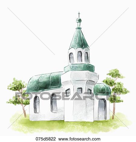 The green roof church with the green trees around View Large Illustration Drawing - The green roof church with the green trees around. Fotosearch