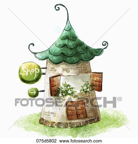 Drawing - The green roof shop with the white flowers around the window. Fotosearch