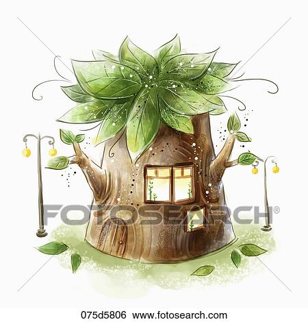Stock Illustration - The green tree house with the street lights around. Fotosearch