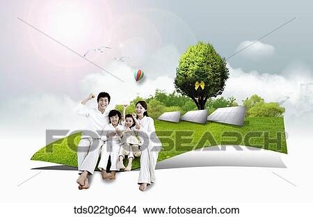 Stock Illustration - The happy family sitting on the green grass with the solar energy panels. Fotosearch