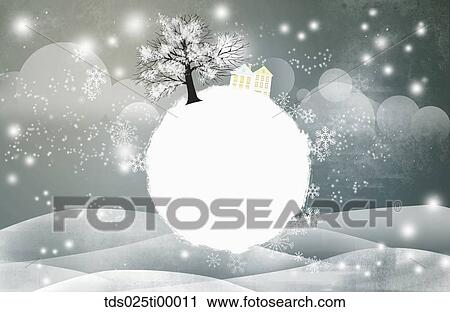 Clip Art - The house and tree on the snowball with gray background. Fotosearch