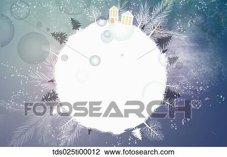 Drawing - The house and tree on the snowball with blue background. Fotosearch