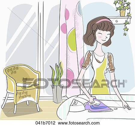The housewife doing the ironing on the shirt View Large Illustration Drawing - The housewife doing the ironing on the shirt. Fotosearch