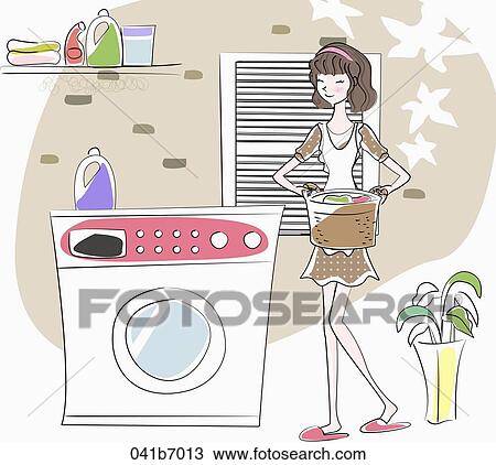 The housewife washing the laundry View Large Illustration Drawing - The housewife washing the laundry. Fotosearch