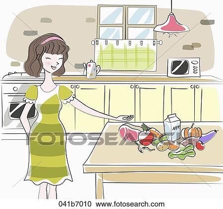Clipart - The housewife with fresh ingredient . Fotosearch