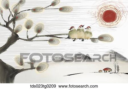 The ink painting of the birds sitting on the branch View Large Illustration Stock Illustration - The ink painting of the birds sitting on the branch . Fotosearch