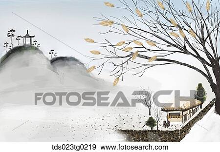 The ink painting of the mountain, house, and tree View Large Illustration Stock Illustration - The ink painting of the mountain, house, and tree . Fotosearch