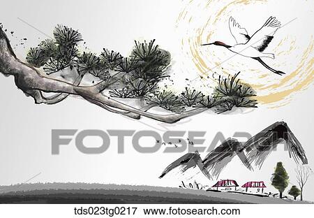 Stock Illustration - The ink painting of the pine, flying crane, and mountain . Fotosearch