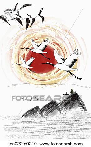 The ink painting of the red sun, flying cranes, leaves, and mountain View Large Illustration Clipart - The ink painting of the red sun, flying cranes, leaves, and mountain . Fotosearch