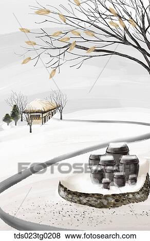 The ink painting of the snowy house, tree, and jars View Large Illustration Stock Illustration - The ink painting of the snowy house, tree, and jars . Fotosearch