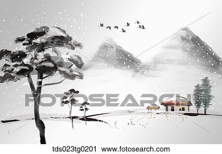 Clip Art - The ink painting of the snowy town and pine. Fotosearch