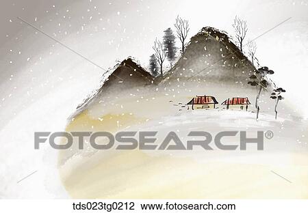 The ink painting of the snowy town and mountain View Large Illustration Drawing - The ink painting of the snowy town and mountain . Fotosearch