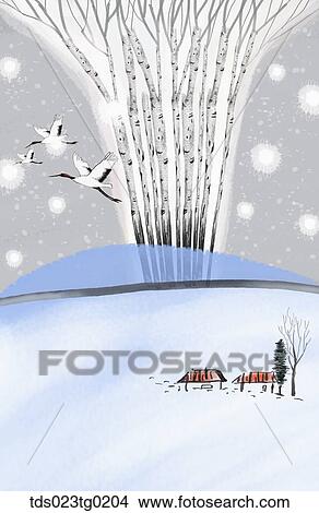Stock Illustration - The ink painting of the tree, flying cranes, and houses . Fotosearch