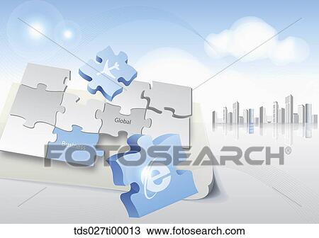 The internet, airplane, business, and global marked puzzle with the skyscrapers behind View Large Illustration Drawing - The internet, airplane, business, and global marked puzzle with the skyscrapers behind. Fotosearch